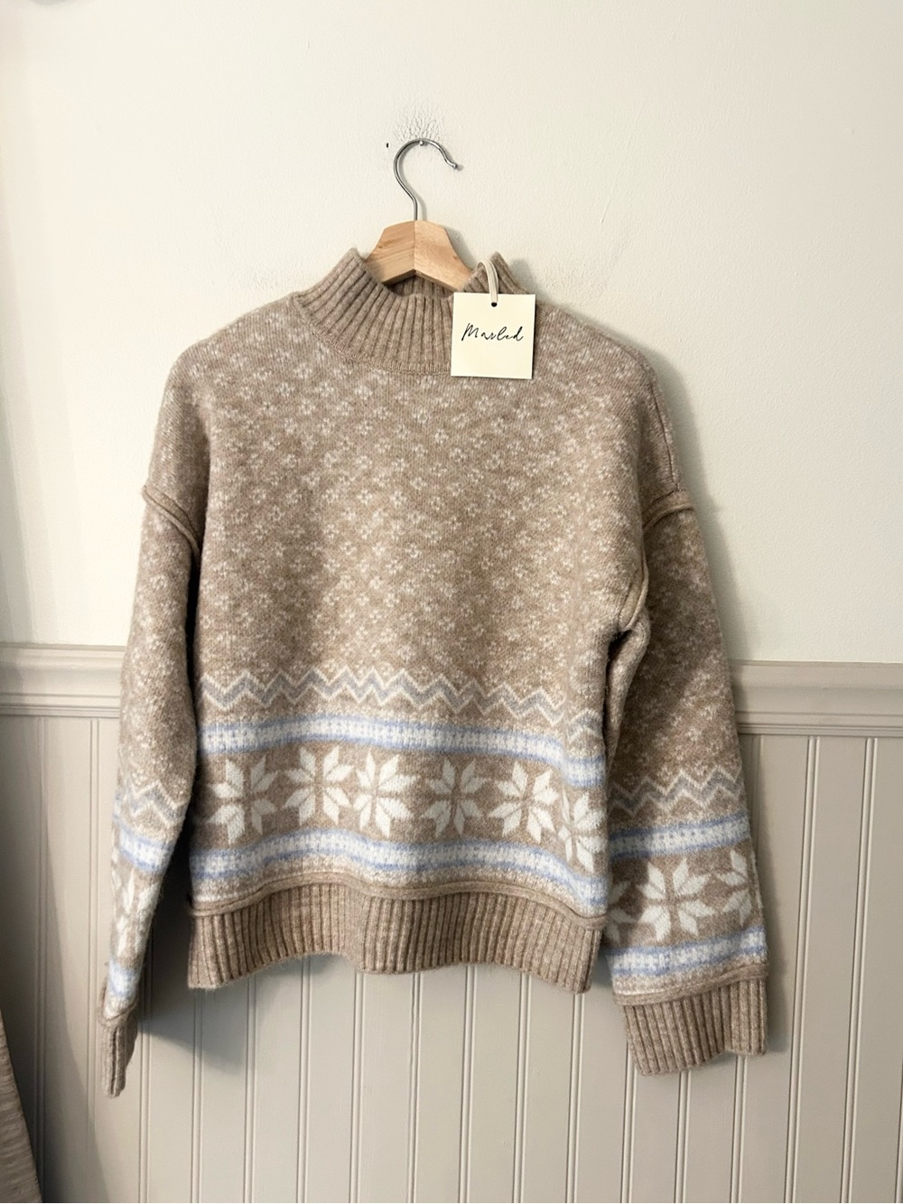 ⭐️ NEW Marled Oatmeal Fair Isle Mock Neck Sweater Beige Blue